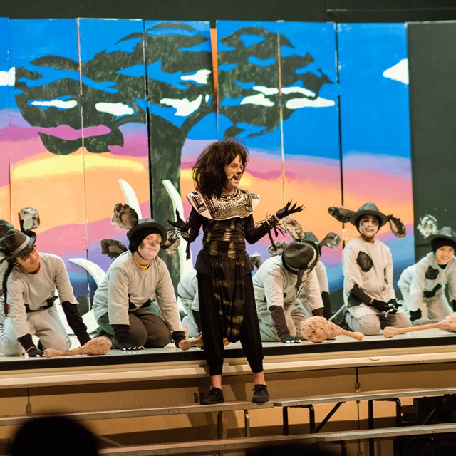 Scar and the hyenas make an appearance on-stage at Patton's Ling King performance.